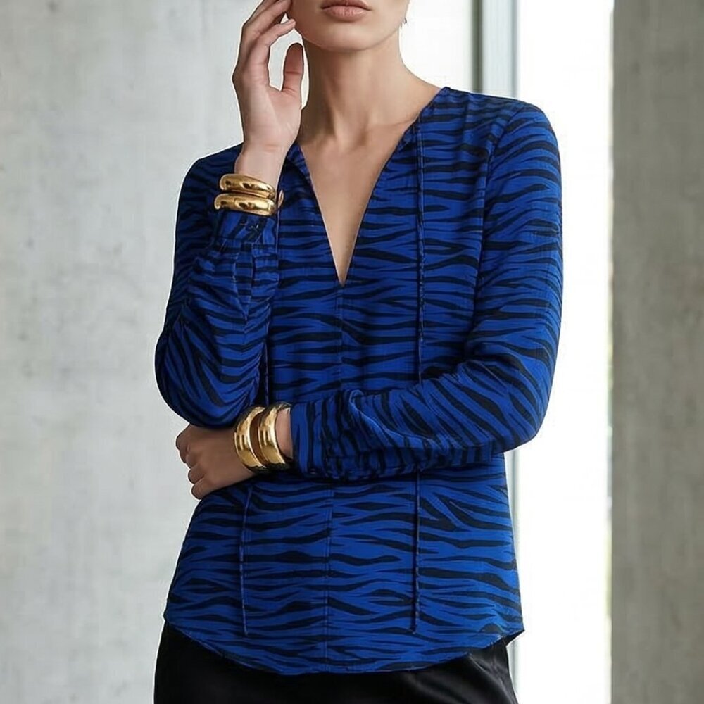 A.L.C. Kirk Silk Top – Blue/Black Zebra – Size 4 – NWT